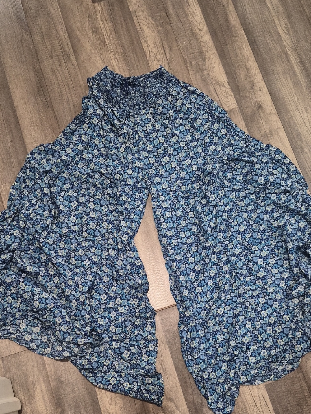 aerie Blue Floral Wide Pants with Smocked Waist